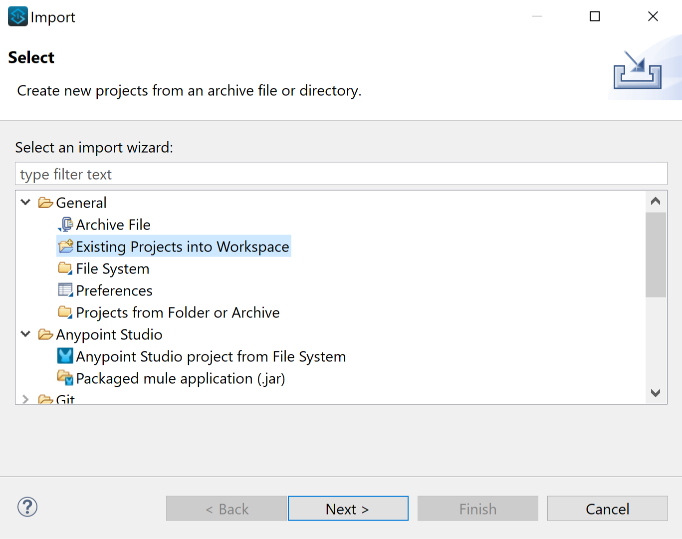 Anypoint Studio Import Projects dialog showing the accelerator-common-resources project