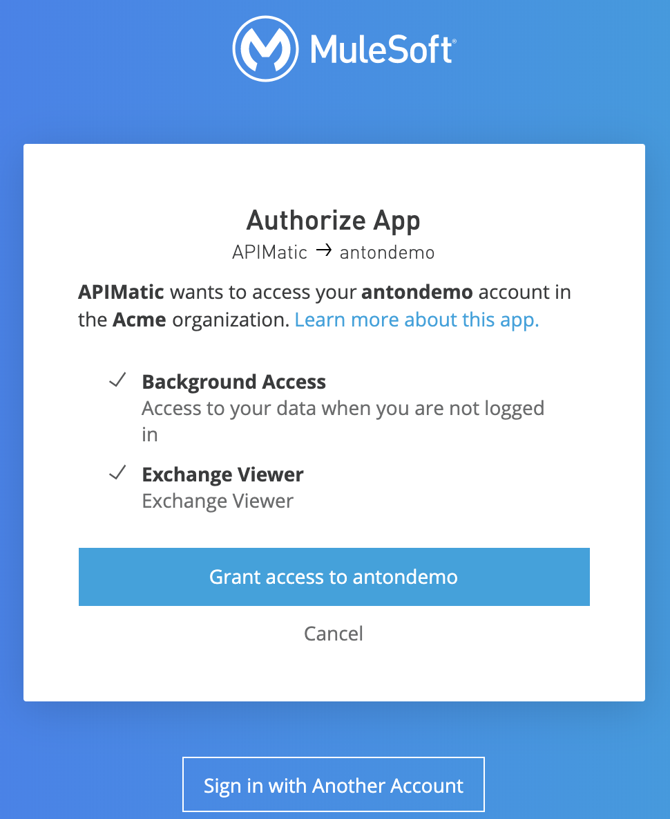 App authorization with username and a list of permissions granted to the app