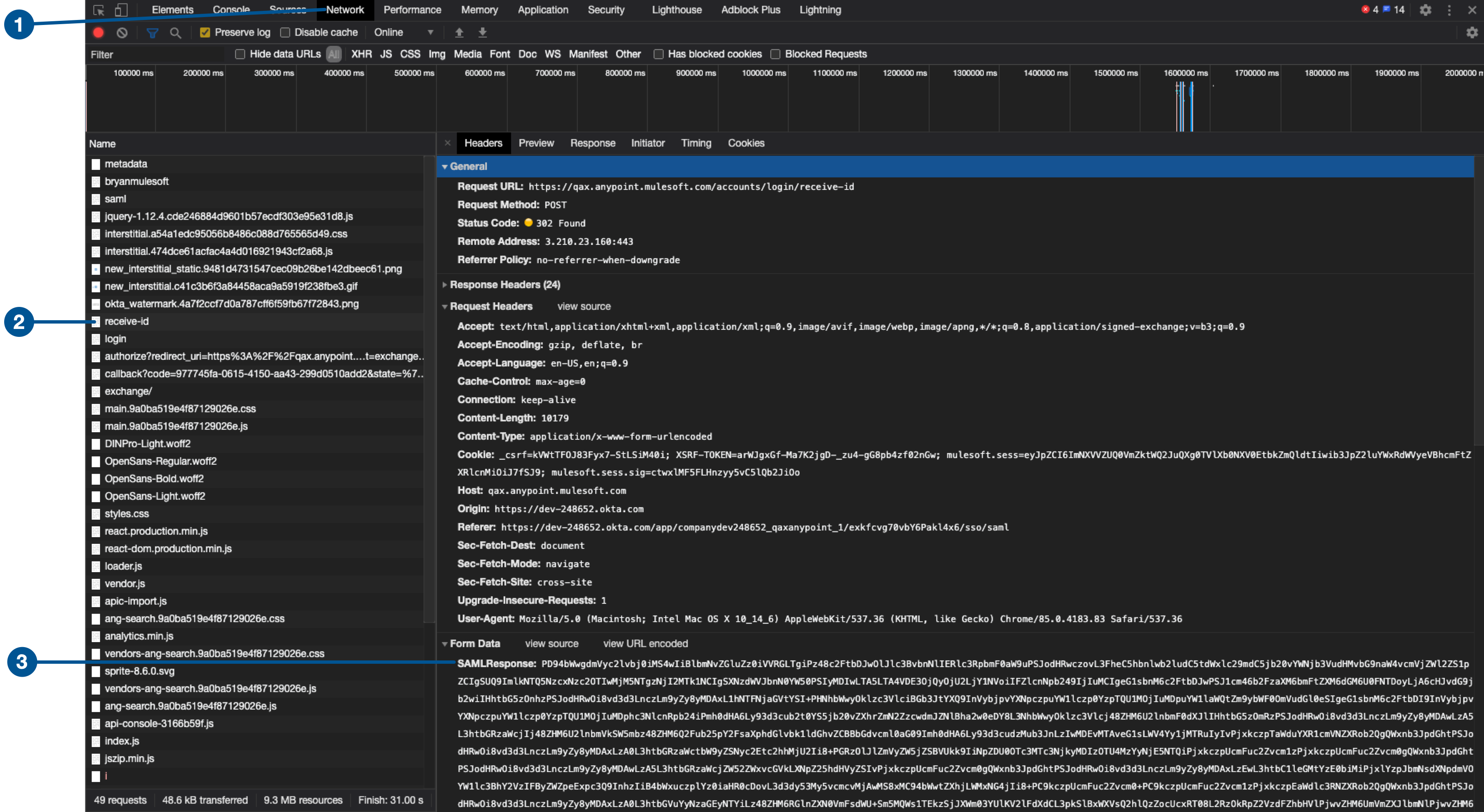 A Chrome developer tools screenshot showing an API request in progress