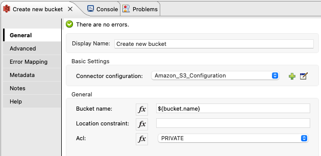 S3 Connector Create Bucket in S3 General Tab