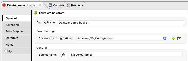 S3 Connector Delete S3 Bucket General Tab