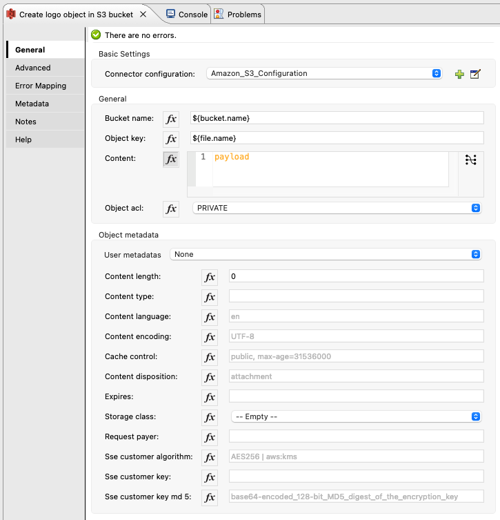 S3 Connector Create Logo Object in S3 Bucket General Tab