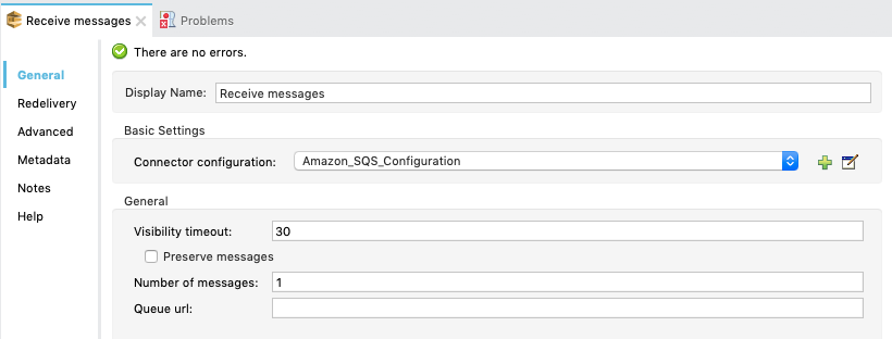 Receive Messages properties window configuration