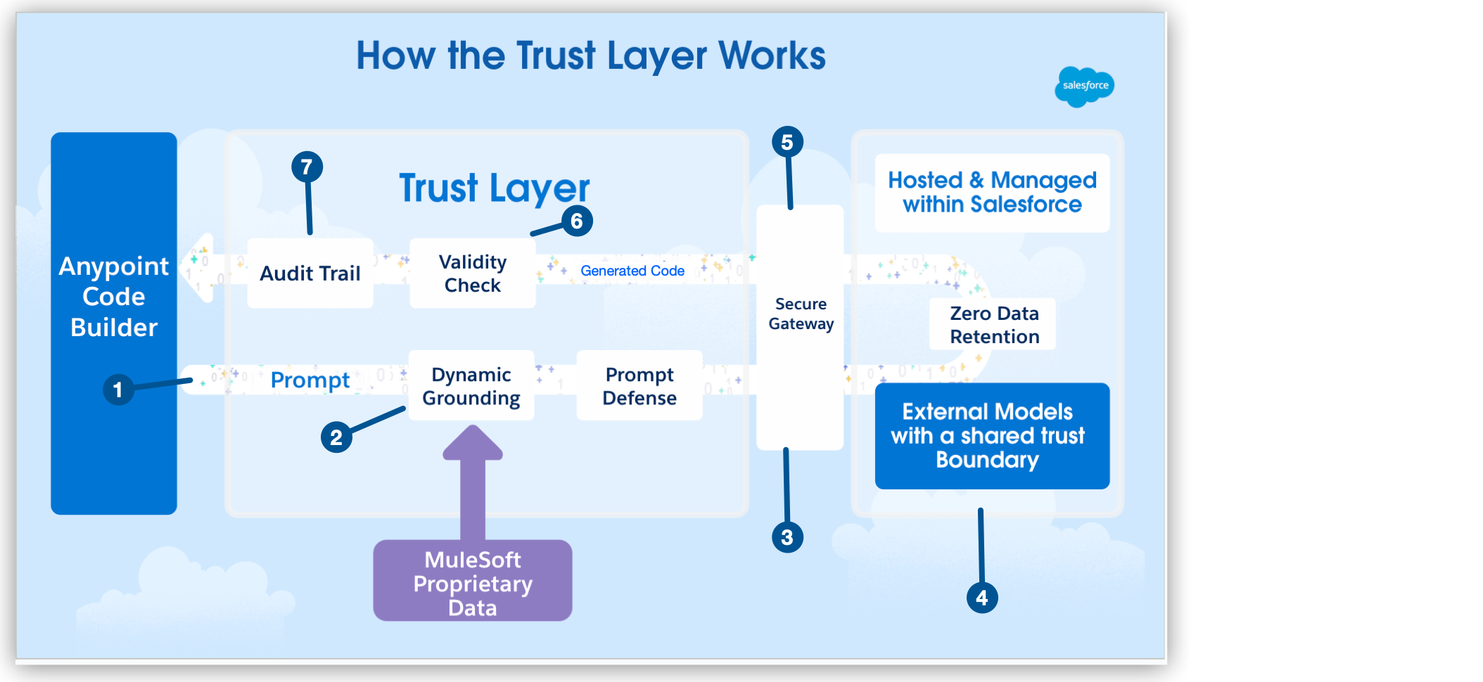 Flow depicting how the trust layer works, including the steps of the flow