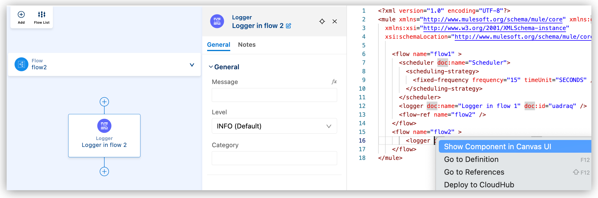 Opening a component in the canvas from the XML