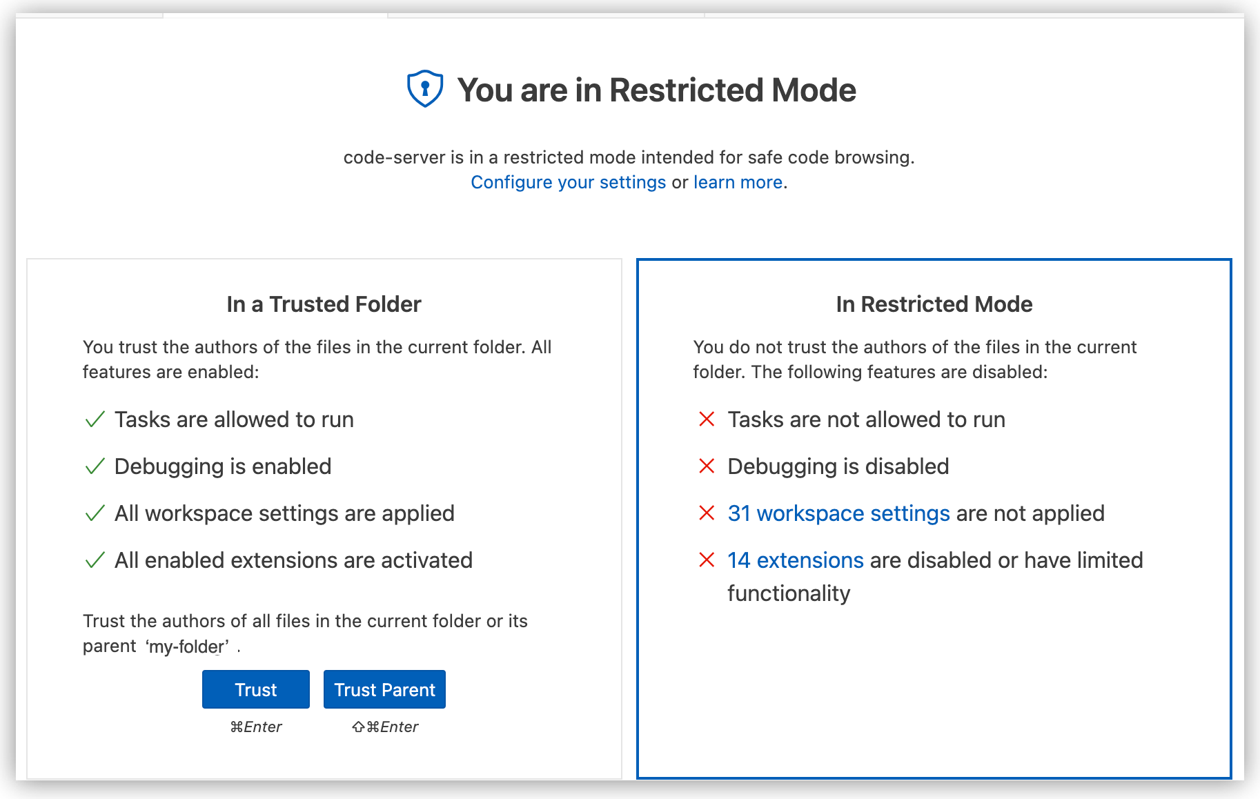 VS Code indicating that a project or workspace is in restricted mode