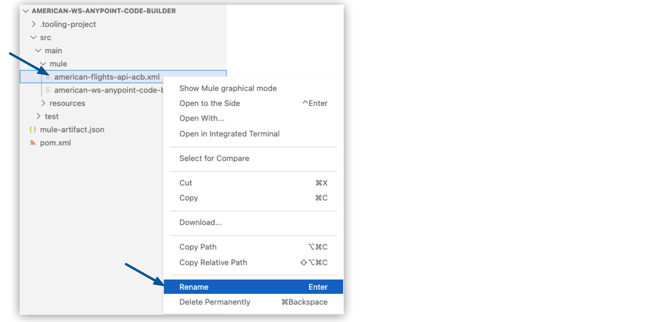 Rename option highlighted the context menu of american-flight-api-acb.xml file