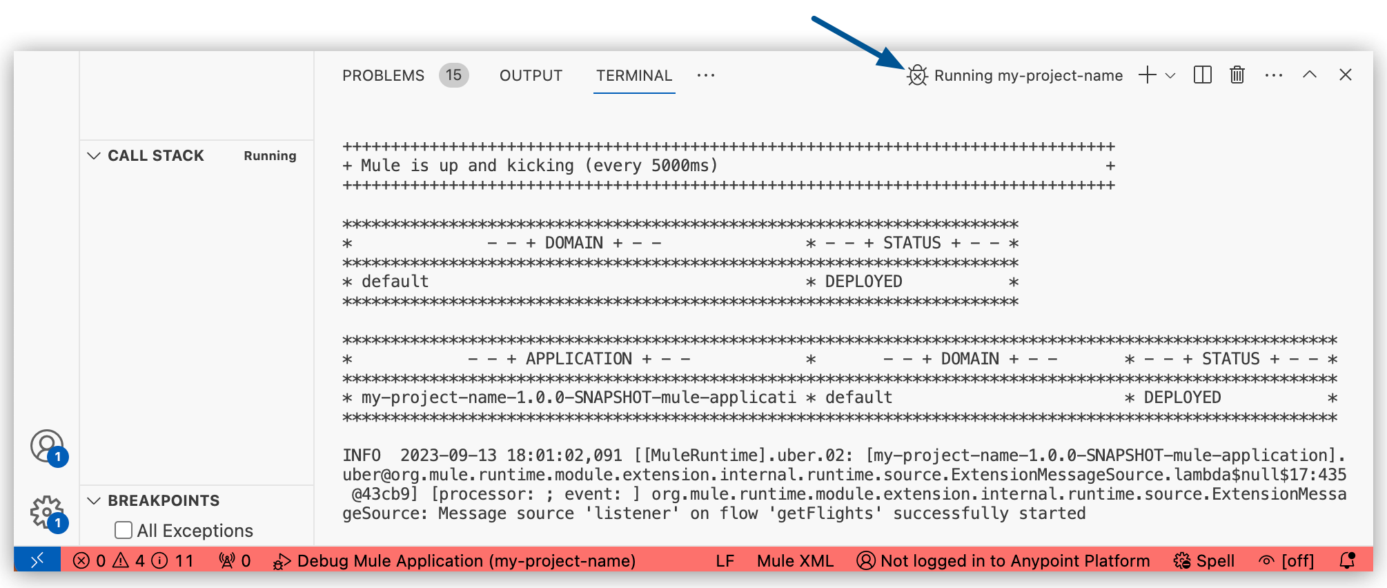 Debugging status in a terminal window