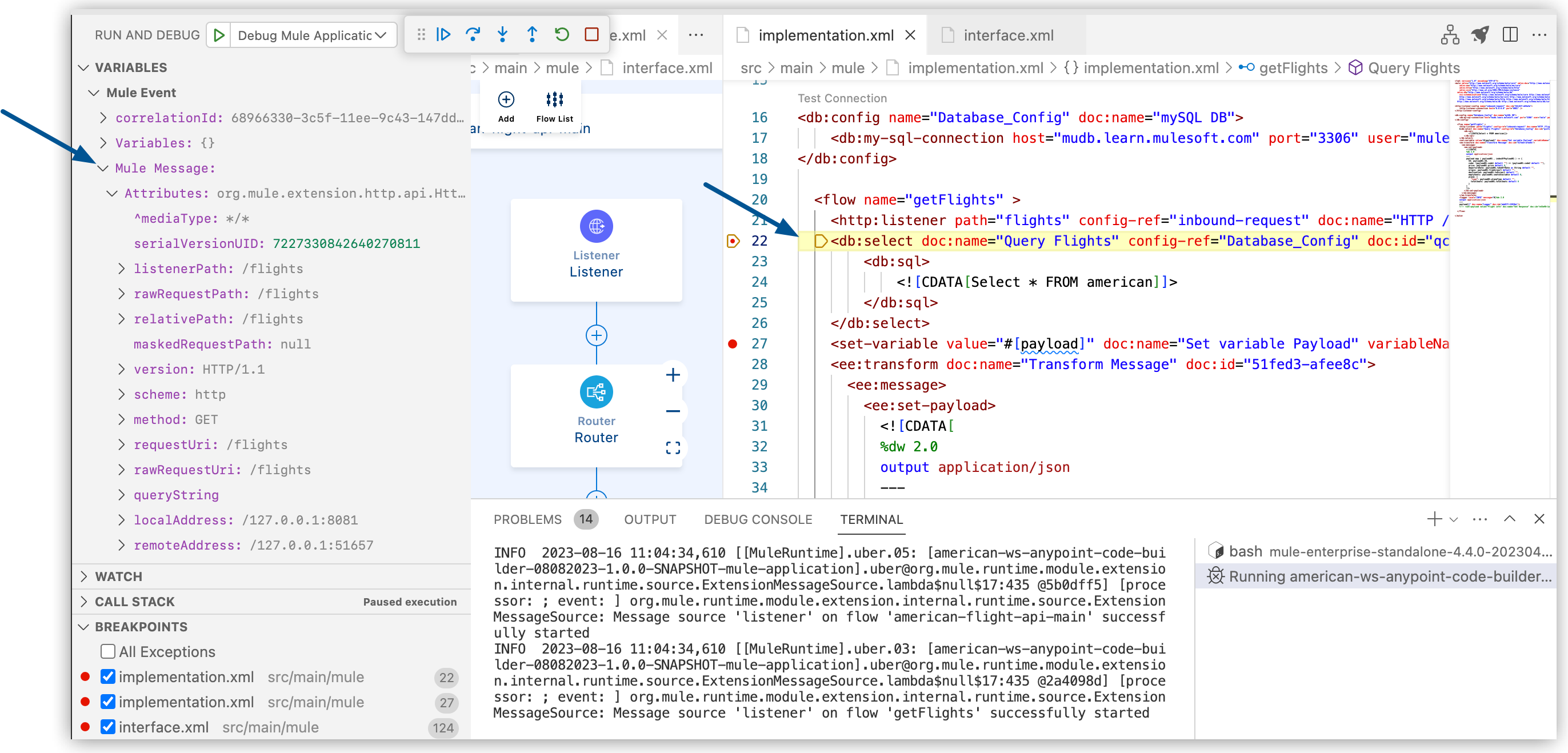 Breakpoint in the configuration XML file where execution stops