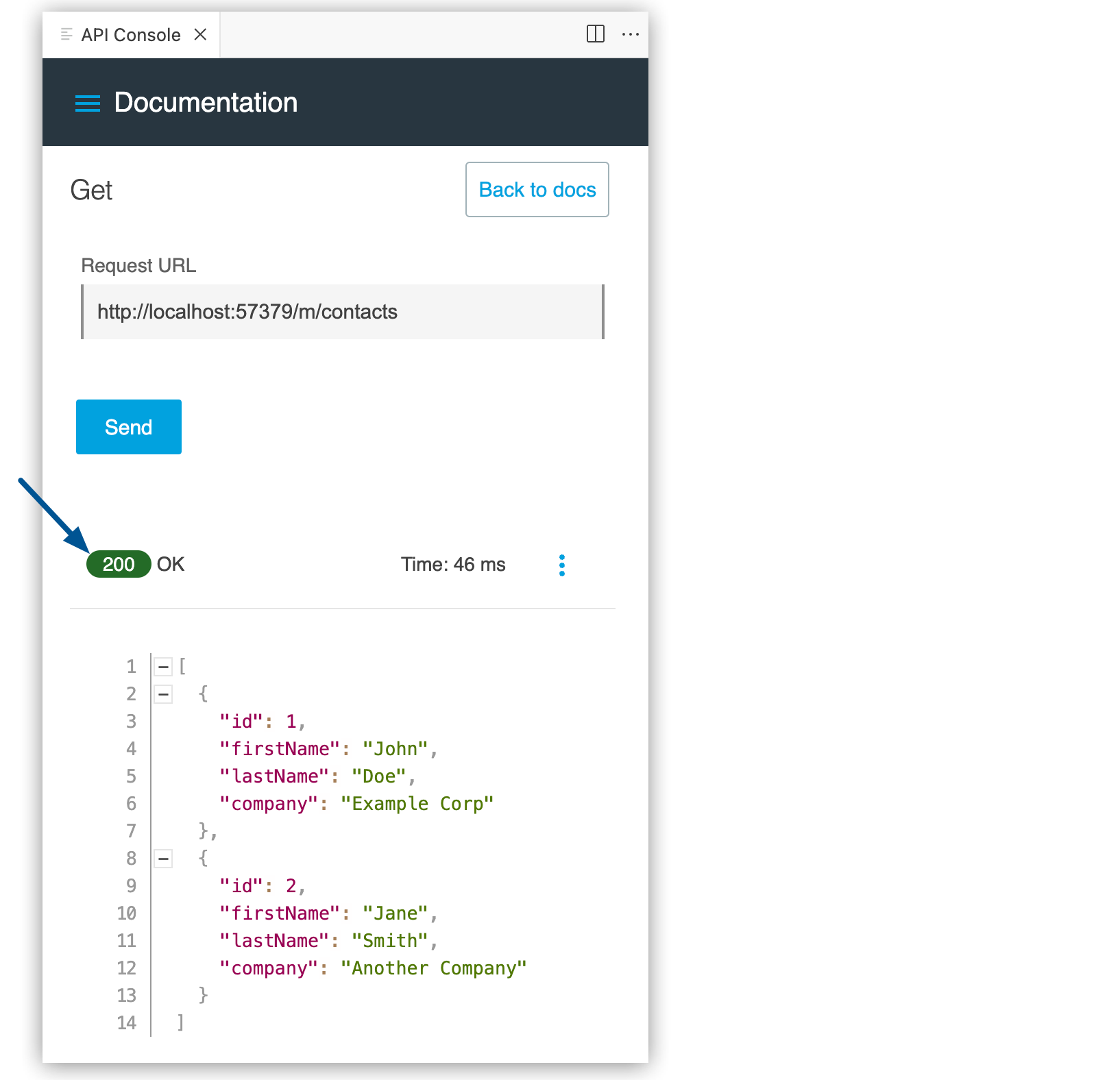 Example response in the API console