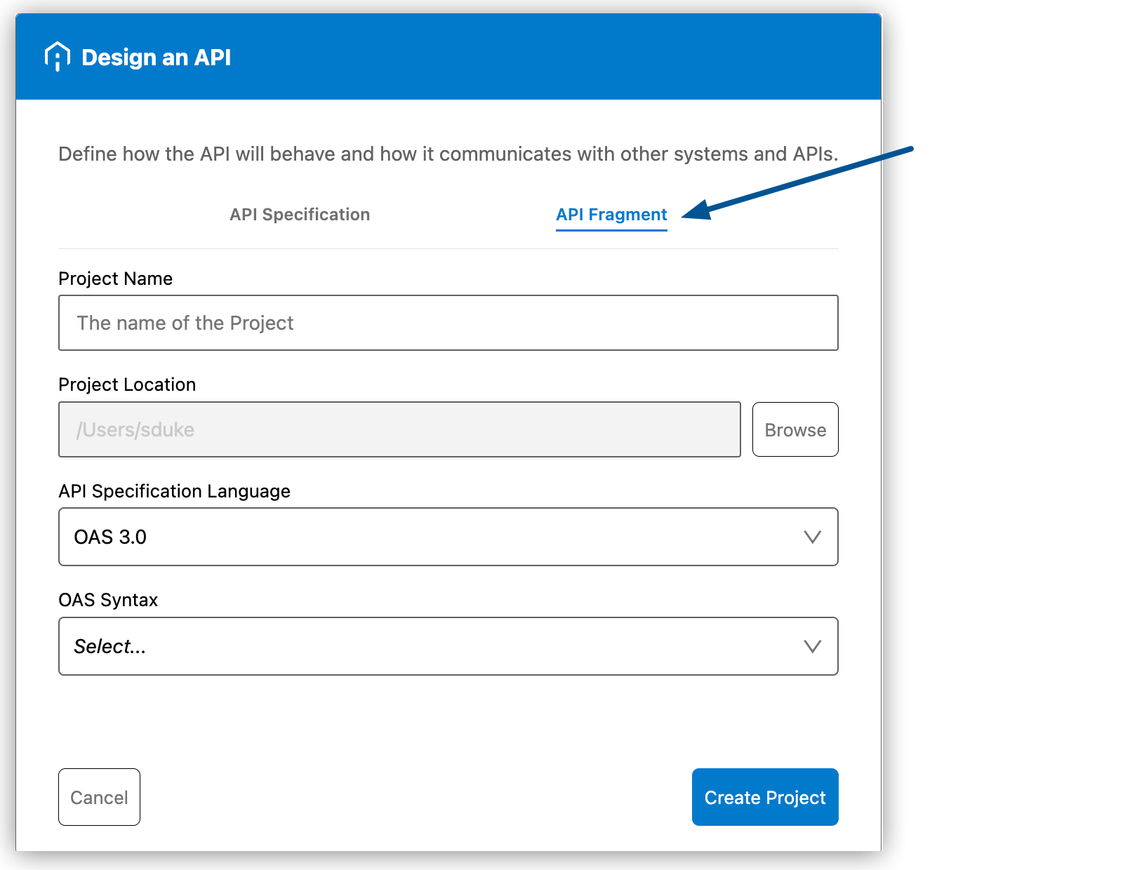 API Fragment tab on the Design an API page