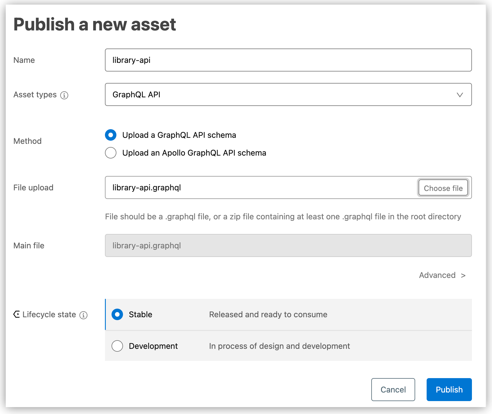 Publish a new asset form on Exchange