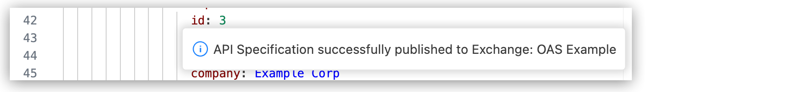 Publishing API specification to Exchange notification highlighted