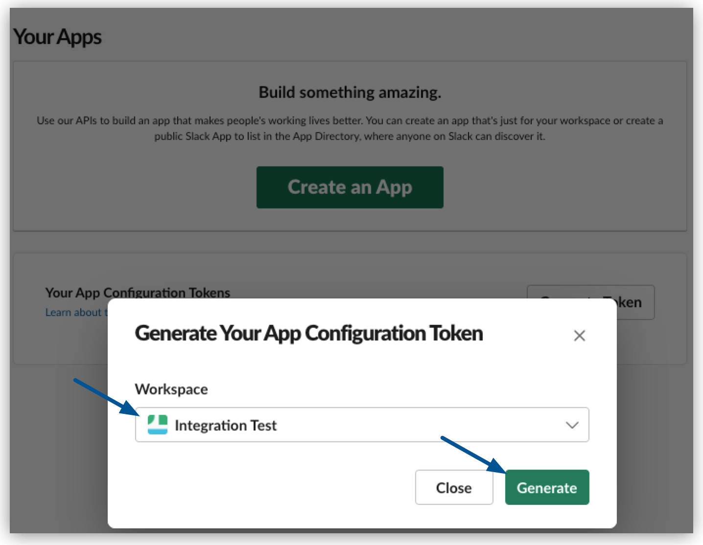 Generate a configuration token in Slack