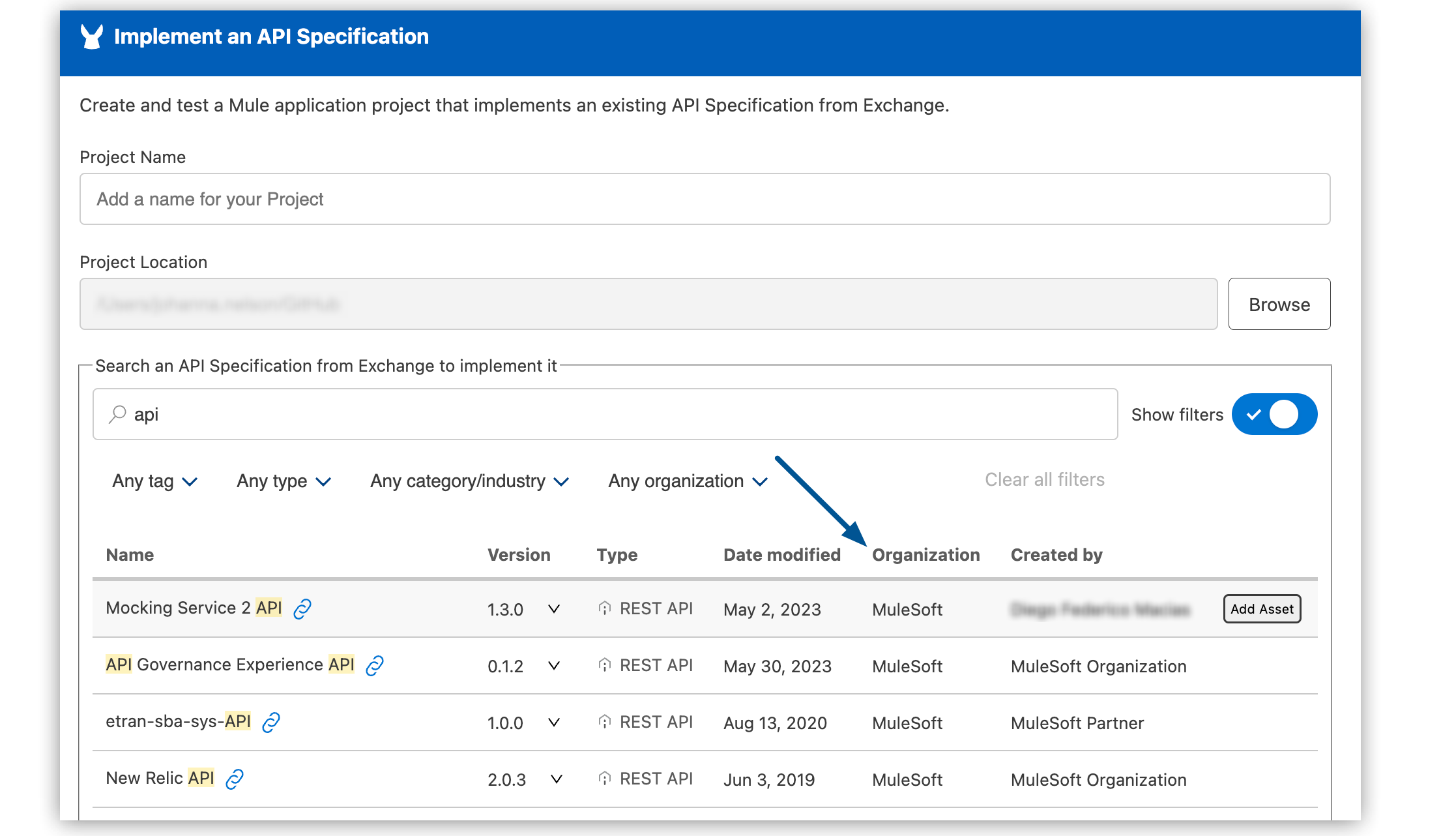 Implement API specification screen with the Organization column highlighted