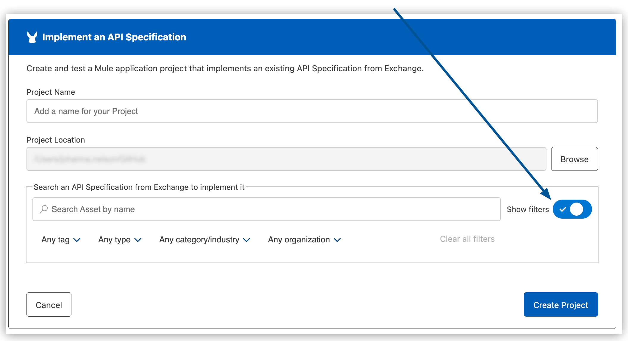 Implement API specification screen with the Show filters label highlighted