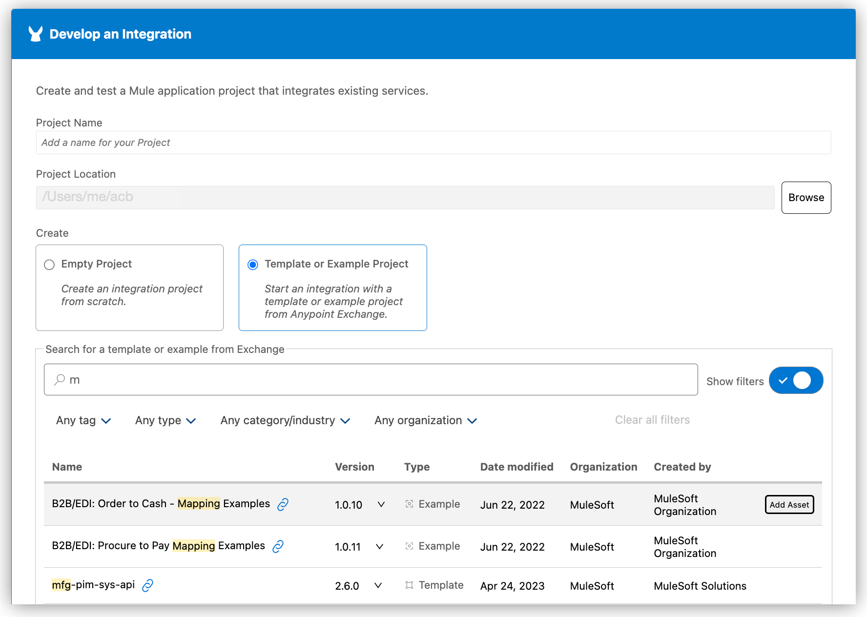 Create integration project from an Exchange asset.