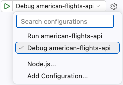 The Debug application dropdown menu.