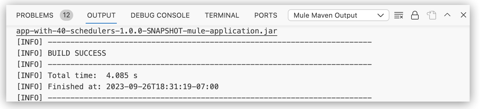 Output panel with Mule Maven Output selected