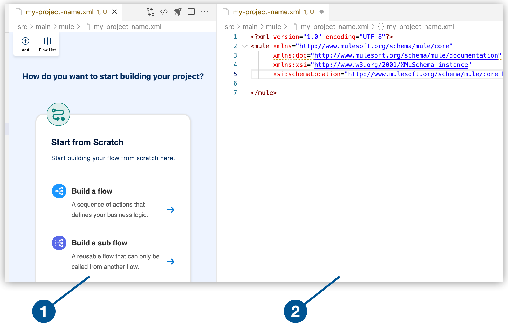 Canvas showing visual representation of Mule flow and the Mule configuration file