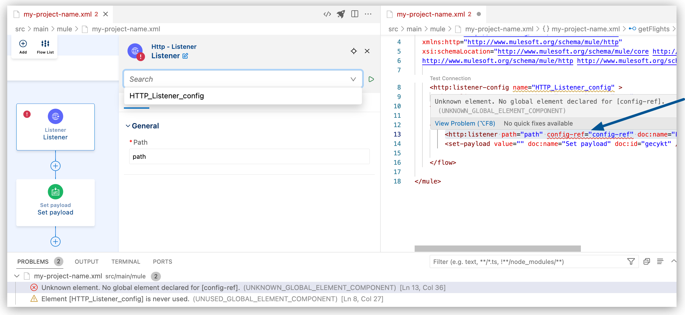 Selecting configuration reference from configuration panel