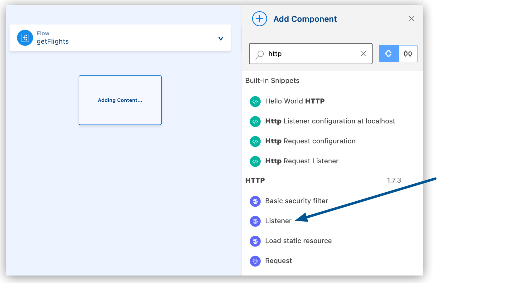 Listener component highlighted in the Add Component section