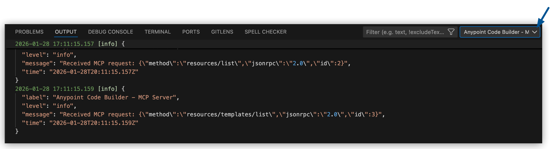 The outputs panel showing the MCP Server selected in the dropdown menu.