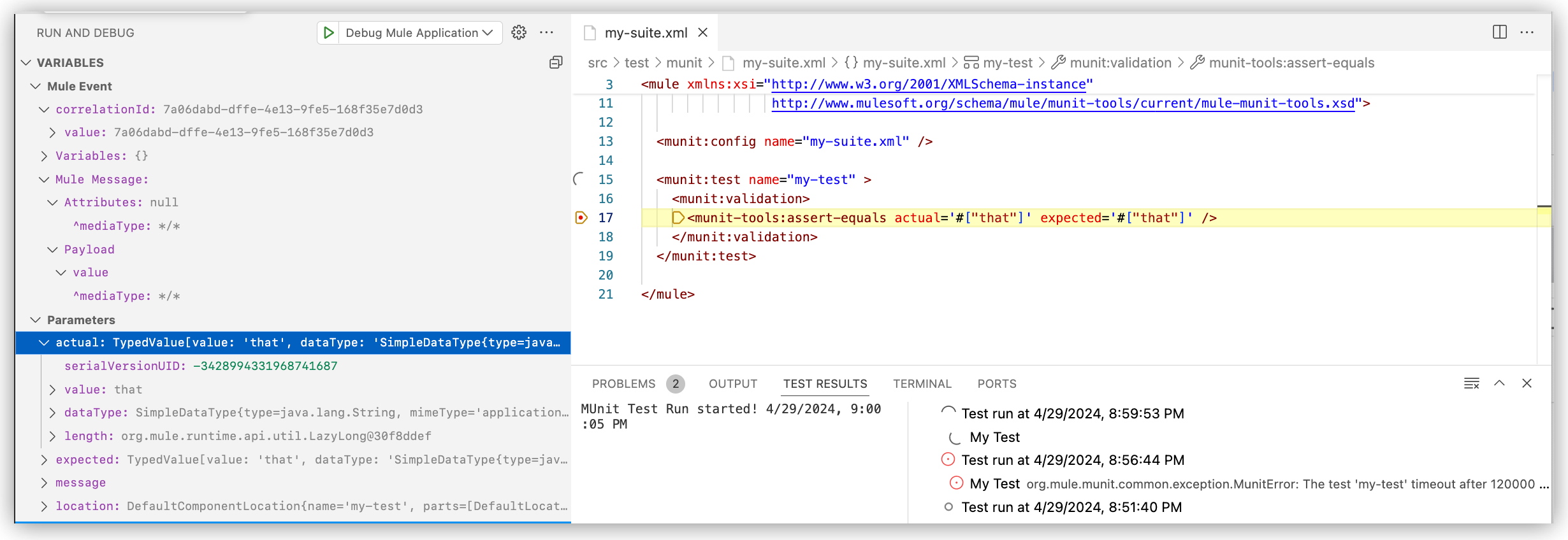 Variables after debugging test with breakpoints