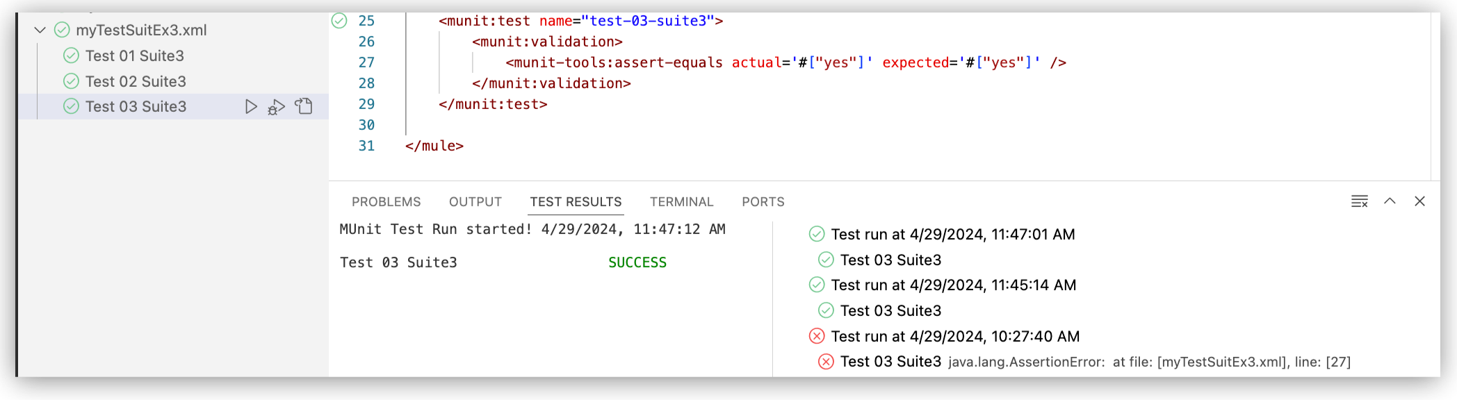 Successful test in the Test Results panel