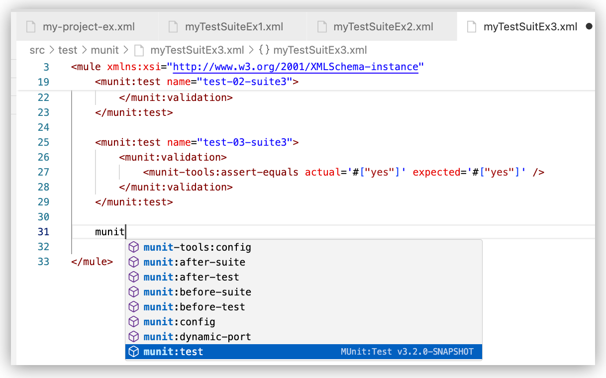 Using autocomplete in the XML to select the MUnit test element