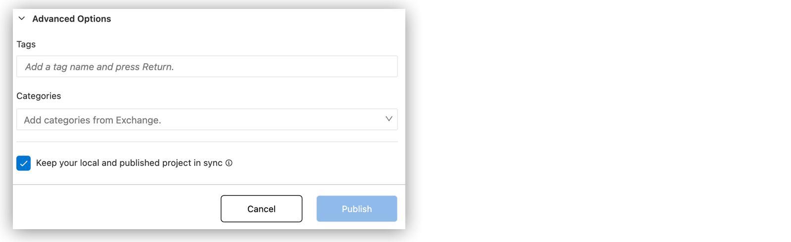 Form for publishing a project to Exchange