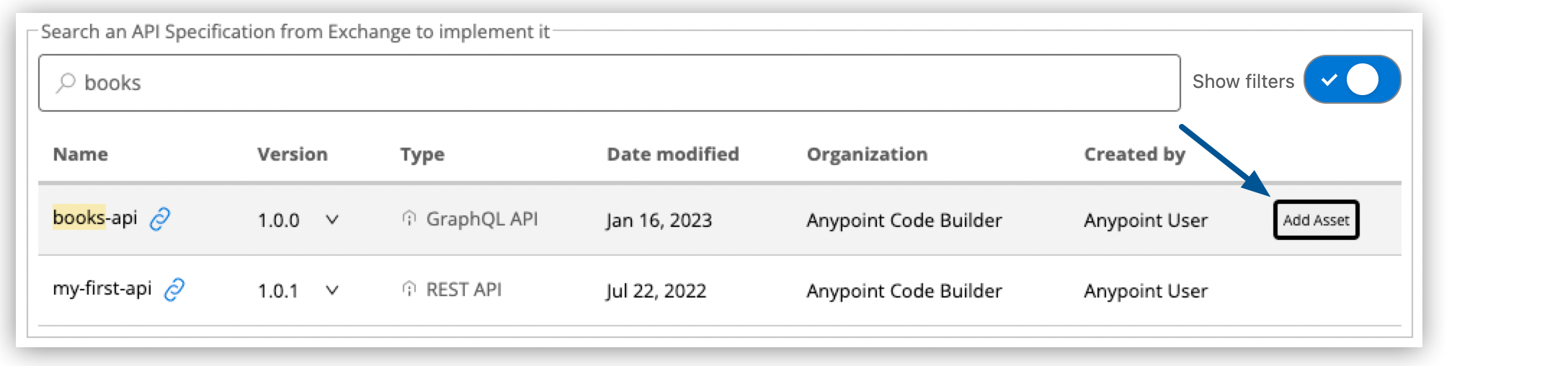 A table of available API specifications with the Add Asset button highlighted