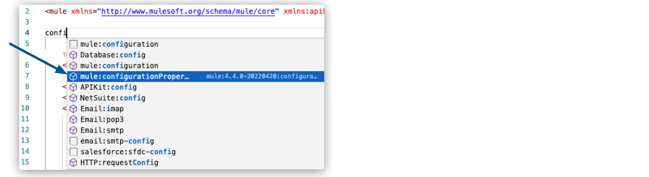 List of components with an arrow pointing to the mule:configurationProperties component