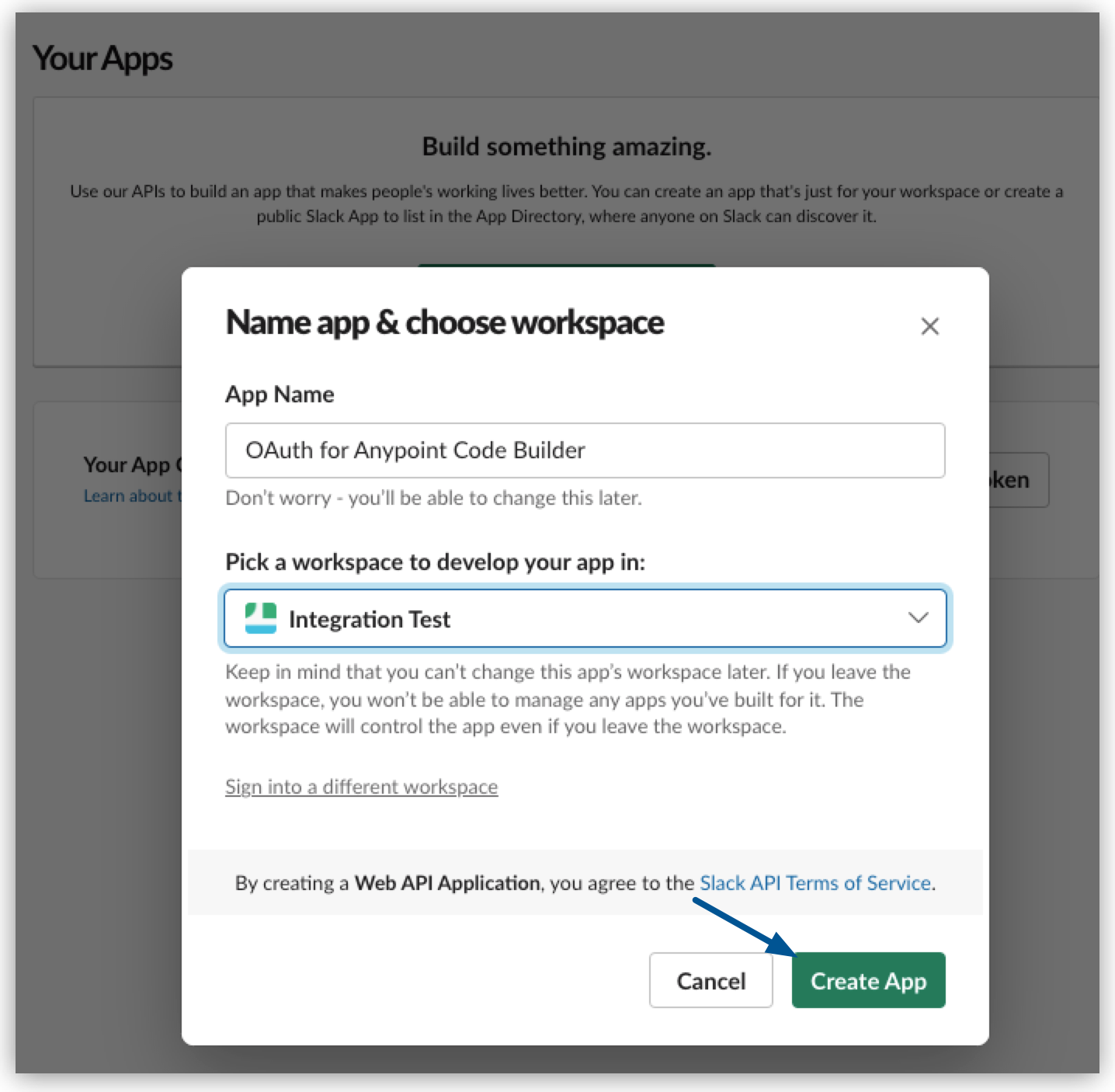 Name your app and select a workspace in Slack