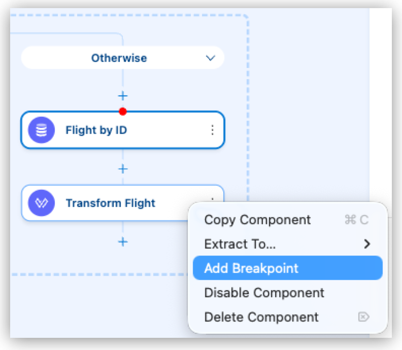 The get:\flights\(flightId):american-flights-api-config flow with breakpoints set on the Flight by ID Database Select and Transform Flight components