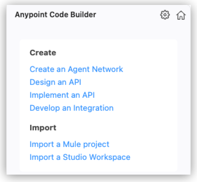 The Anypoint Code Builder panel with the Create and Import options, including Implement an API