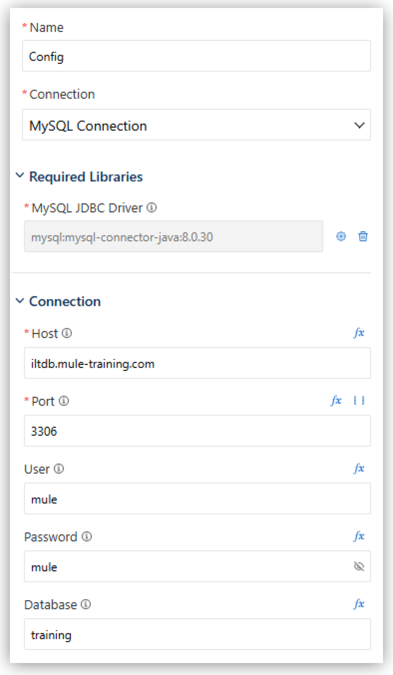 Connection Config dialog with Host, Port, User, Password, and Database fields set