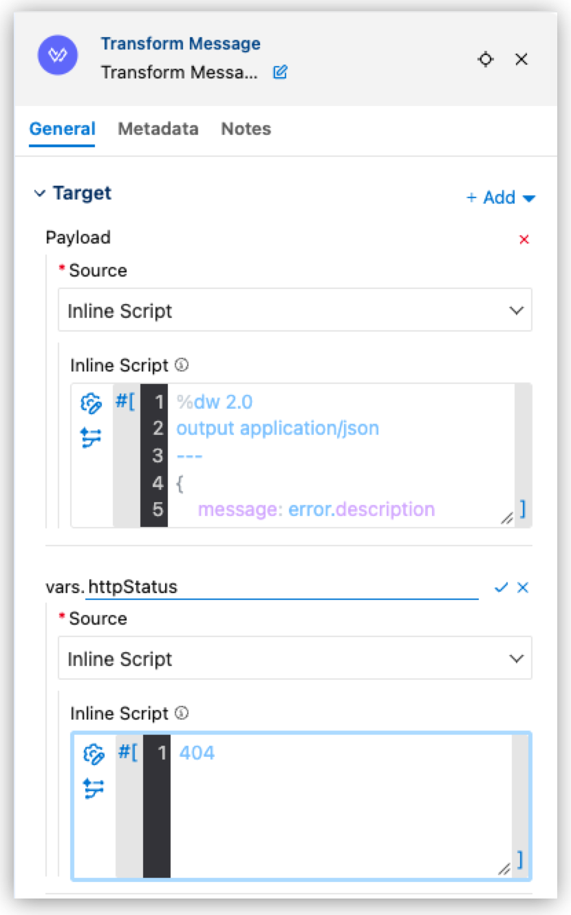The Transform Message properties panel with the error response script and the httpStatus variable set to 404