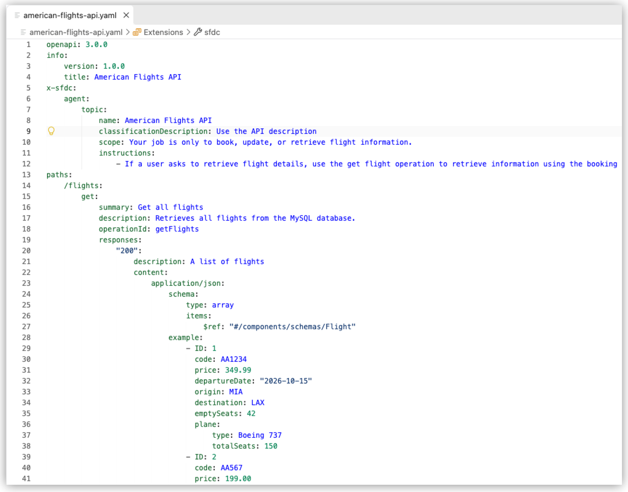 The american-flights-api.yaml file open in the editor showing the generated OAS 3.0 specification