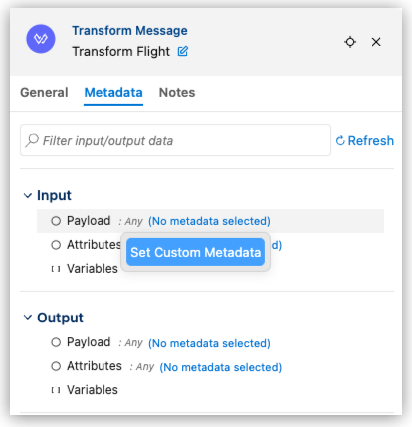 The Input Payload metadata selector with Set custom metadata highlighted