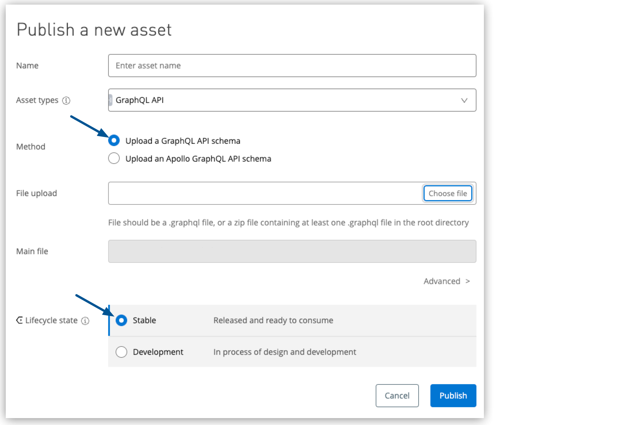 A form for publishing a GraphQL API asset