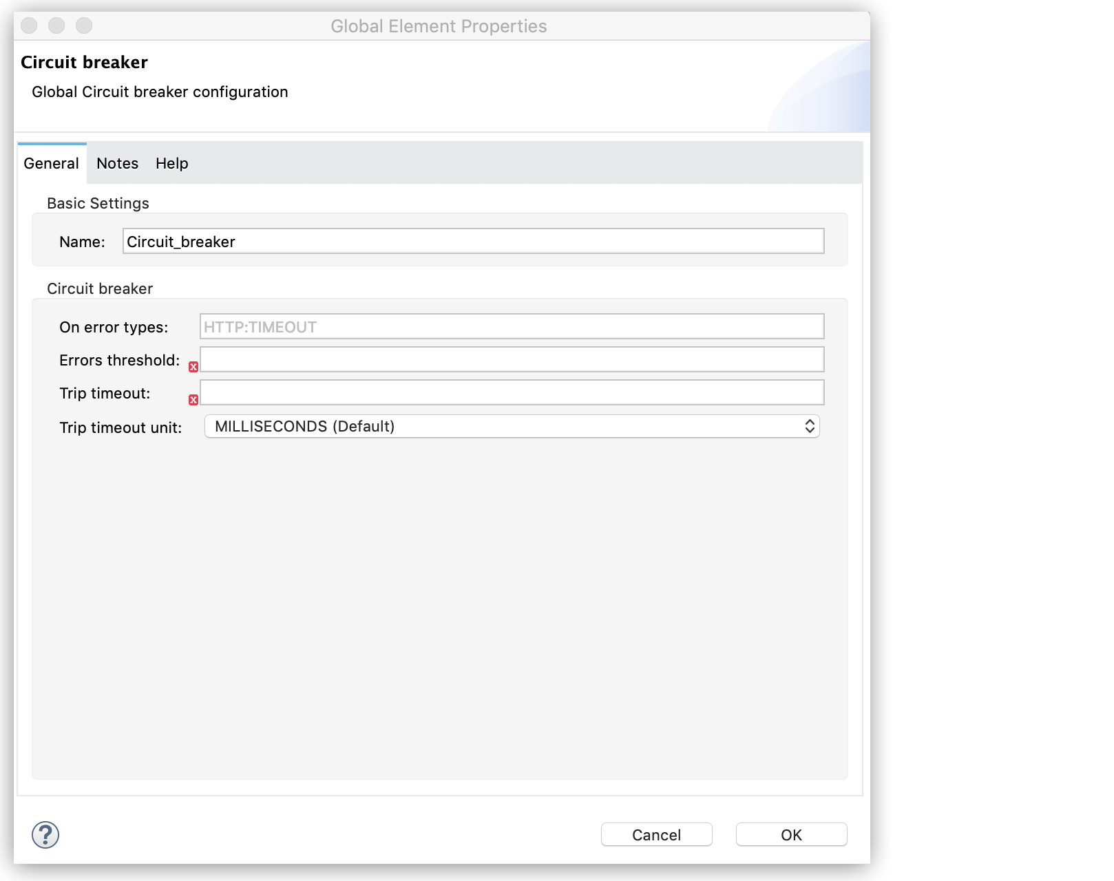 Circuit breaker configuration properties in the Global Element Properties window