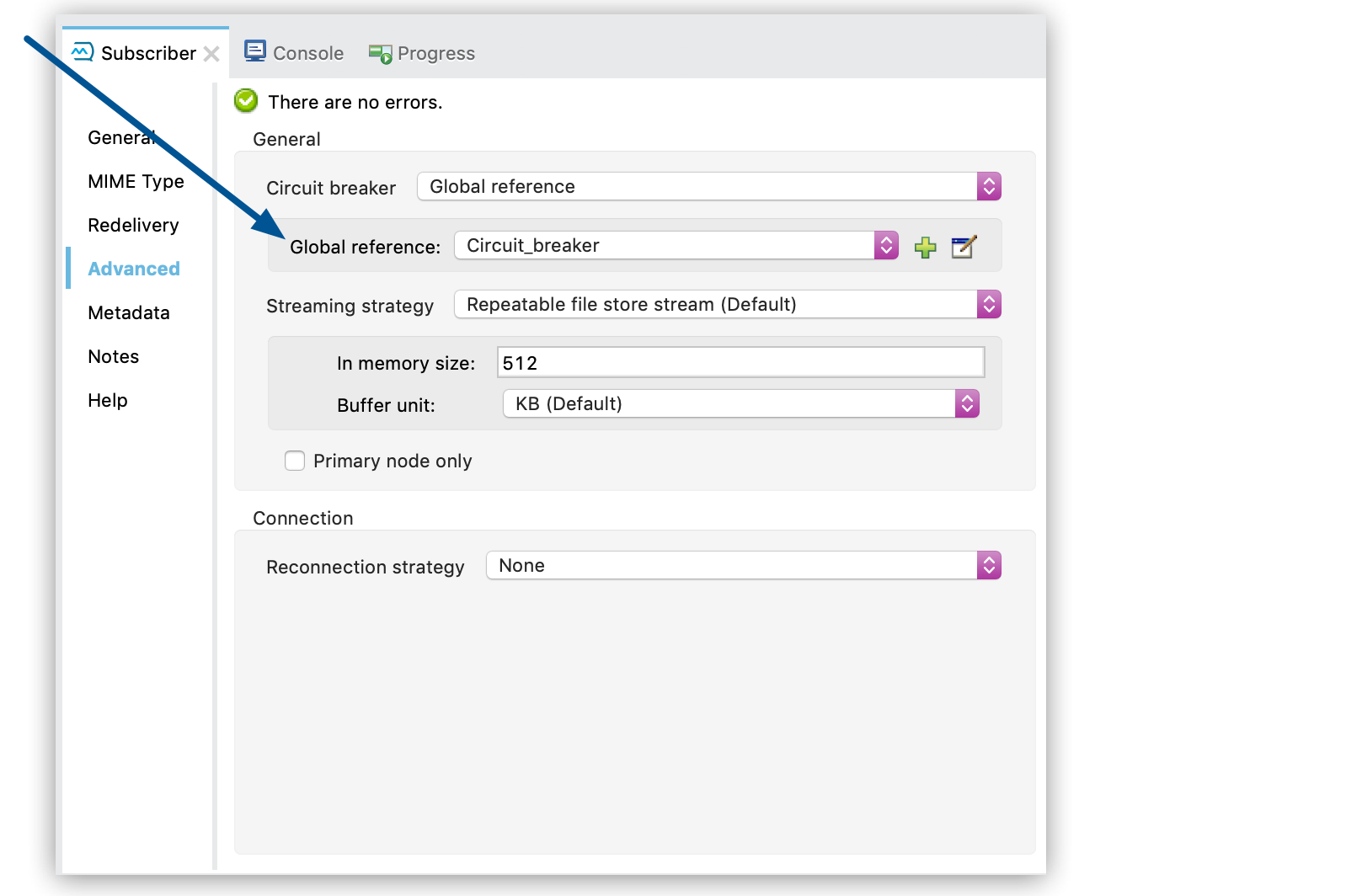 Circuit breaker global reference in the Advanced tab of the Subscriber properties window