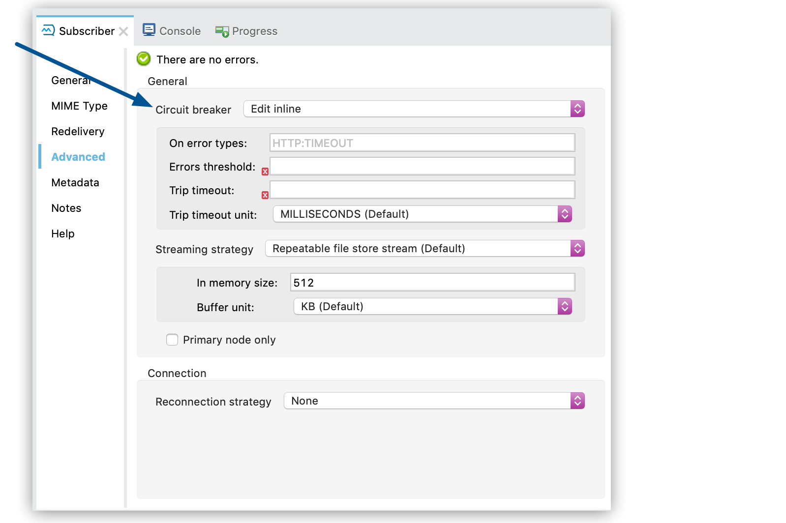 Edit inline selected for the circuit breaker in the Advanced tab of the Subscriber properties window