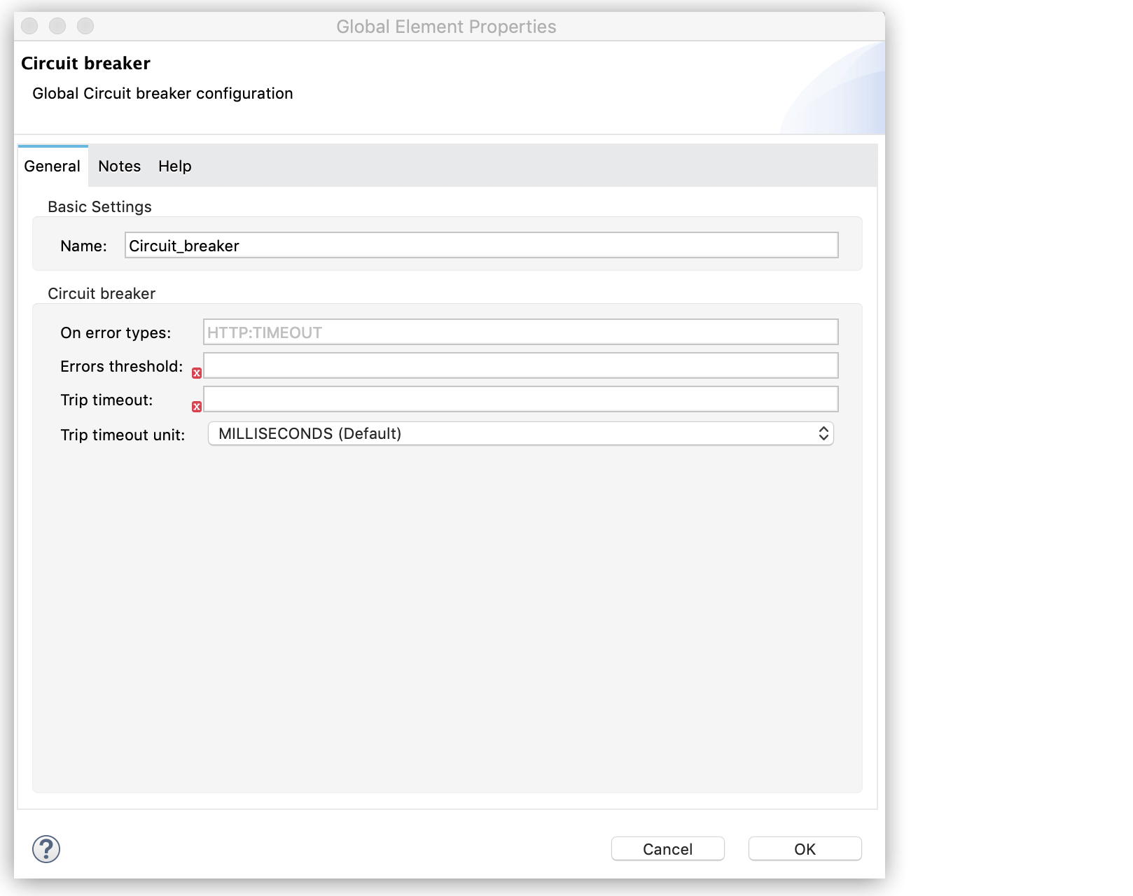 Circuit breaker configuration properties in the Global Element Properties window