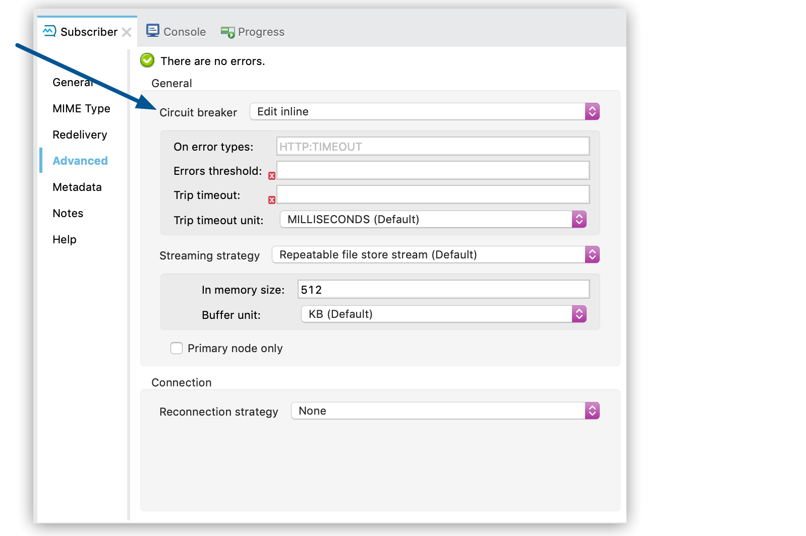 Edit inline selected for the circuit breaker in the Advanced tab of the Subscriber properties window