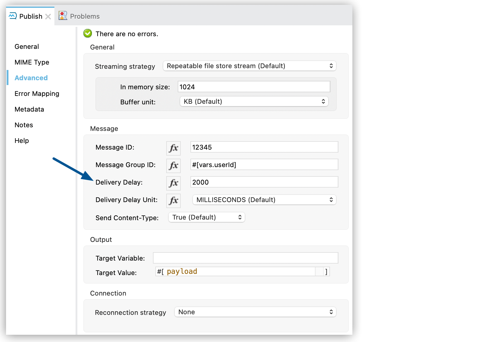 Publish configuration window Advanced tab showing Delivery Delay set to 2000