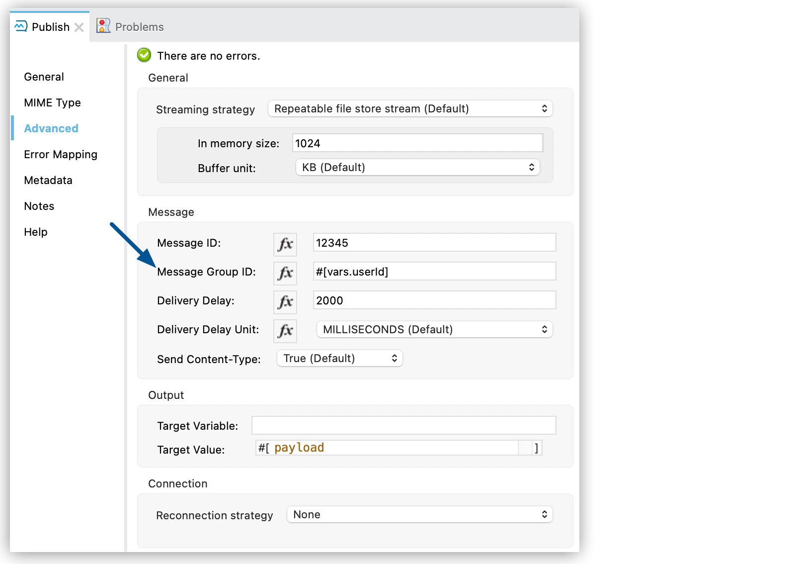 Publish configuration window Advanced tab showing Message Group ID set to #[vars.userId]