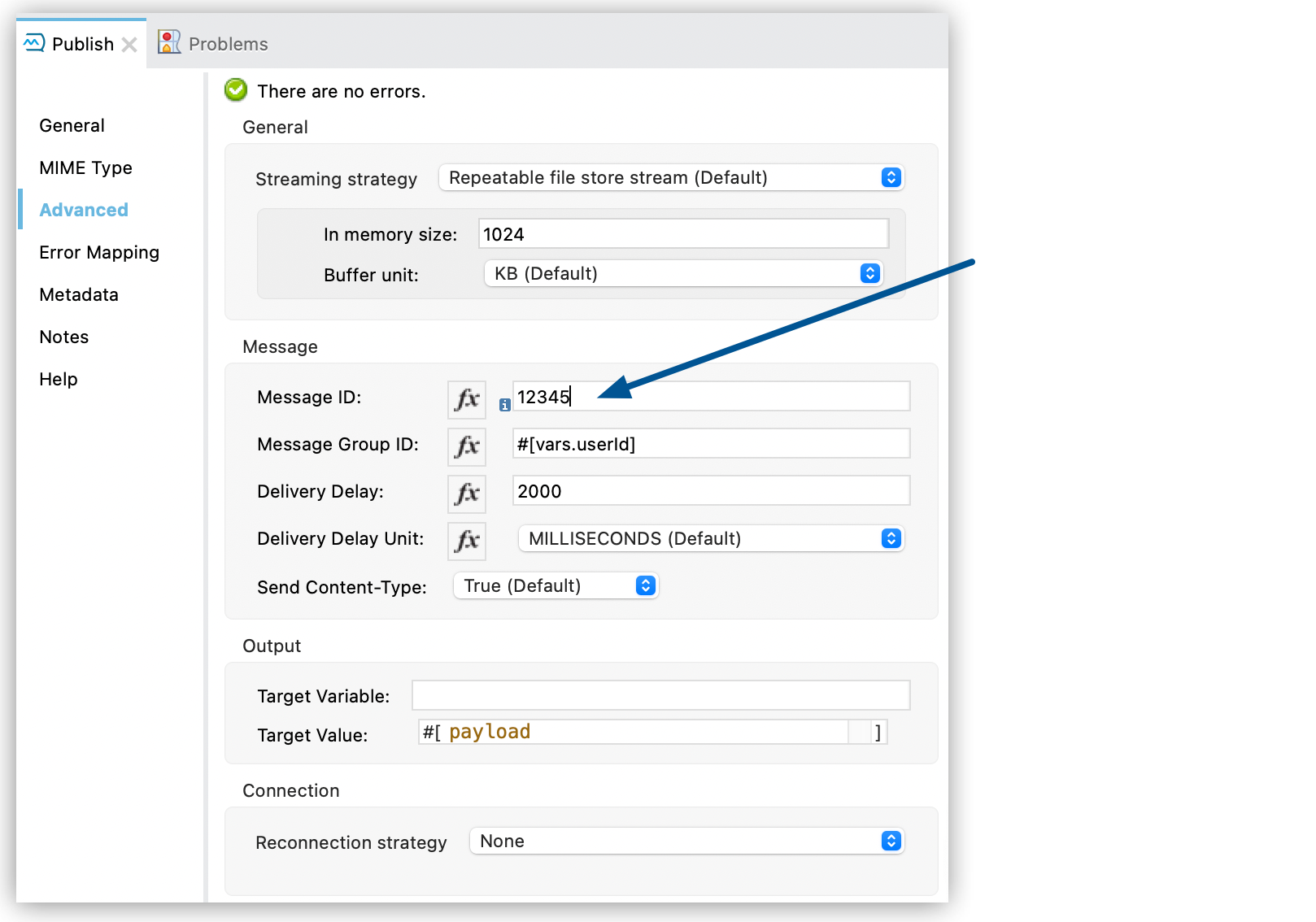 Publish configuration window Advanced tab showing Message ID set to 12345