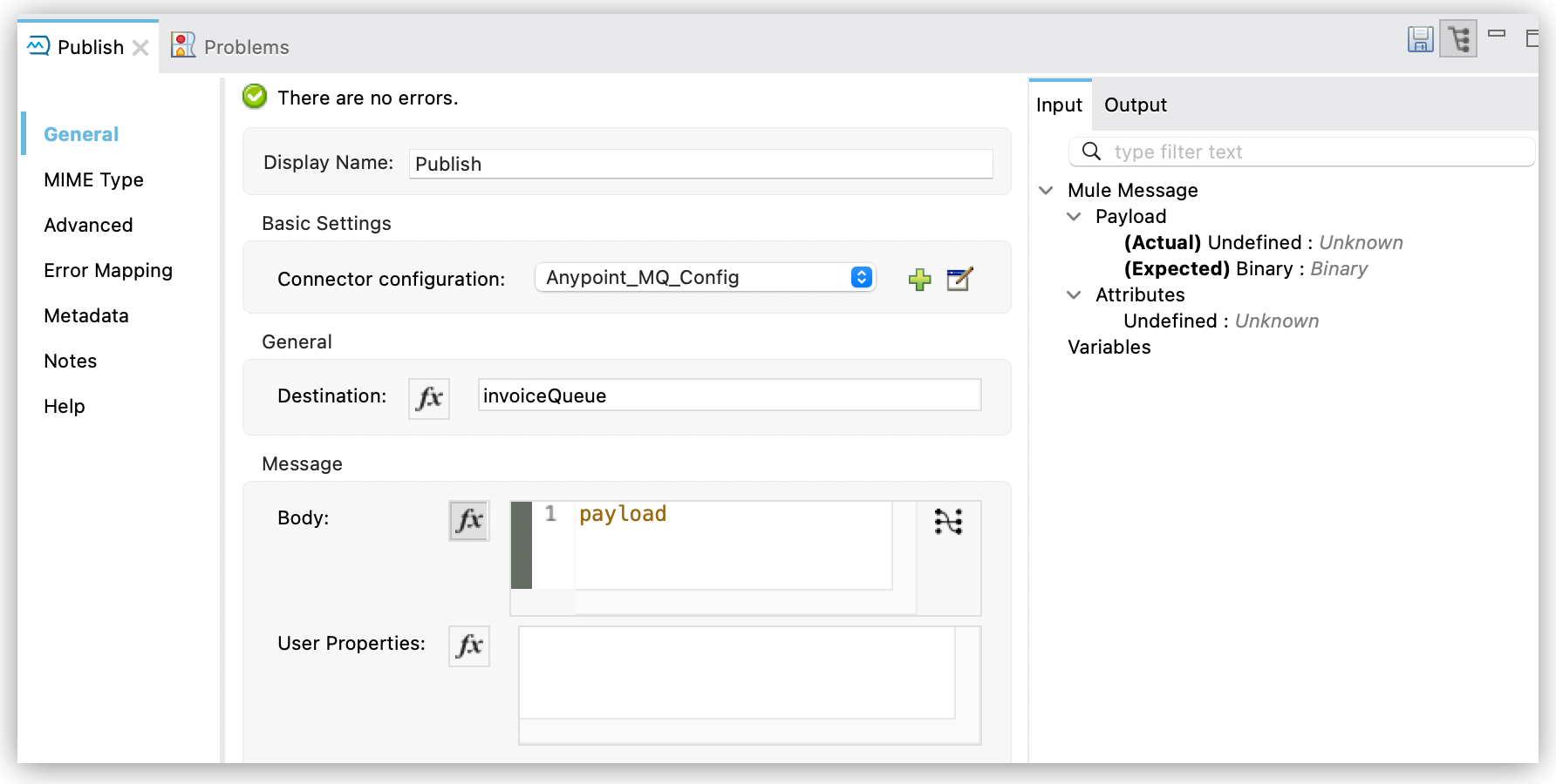 Publish configuration window showing Destination set to invoiceQueue